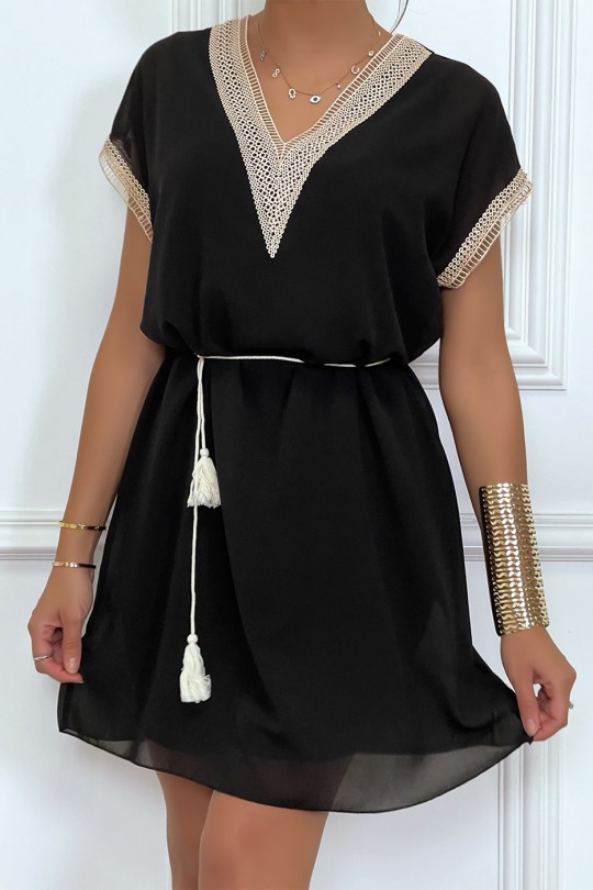 Black tunic dress with embroidery and beige lace belt - 5