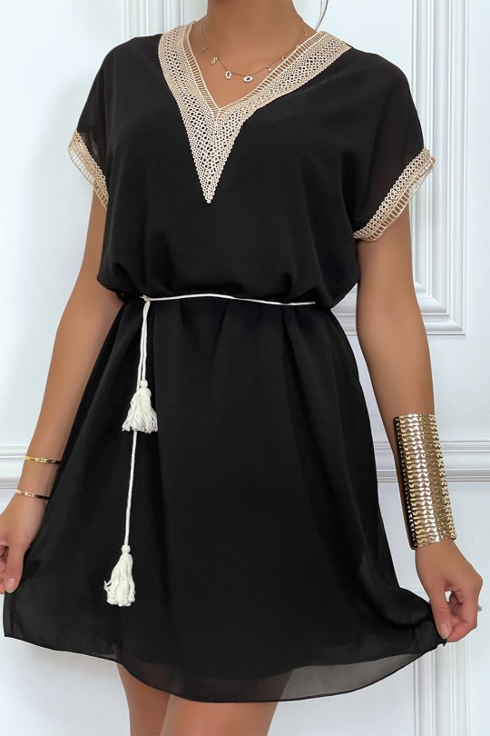 Black tunic dress with embroidery and beige lace belt - 6