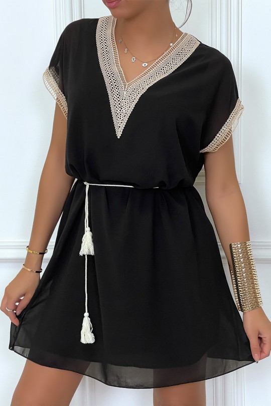 Black tunic dress with embroidery and beige lace belt - 7