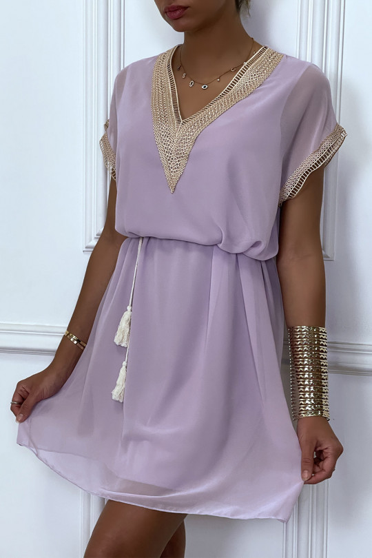 Lilac tunic dress with embroidery and beige lace belt - 1
