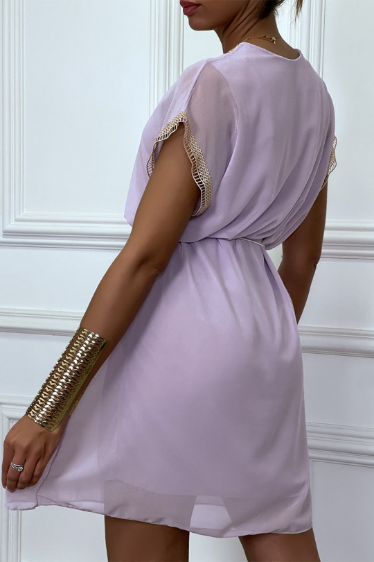 Lilac tunic dress with embroidery and beige lace belt - 2