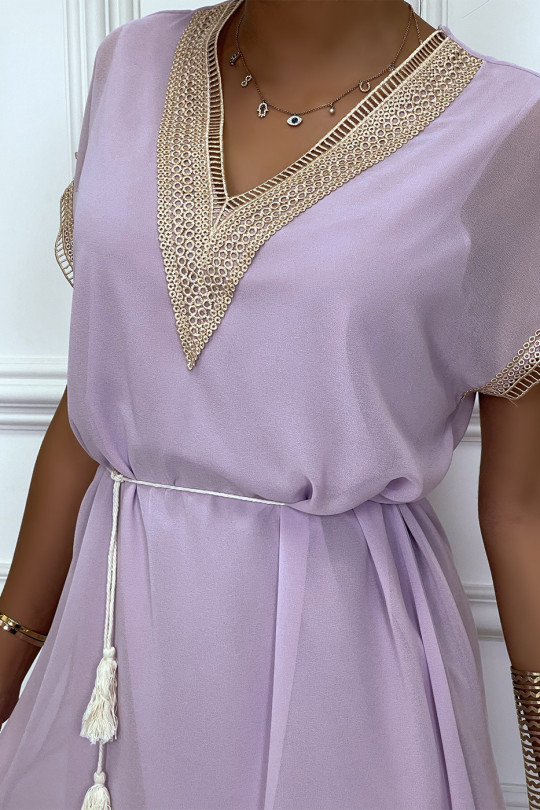Lilac tunic dress with embroidery and beige lace belt - 3