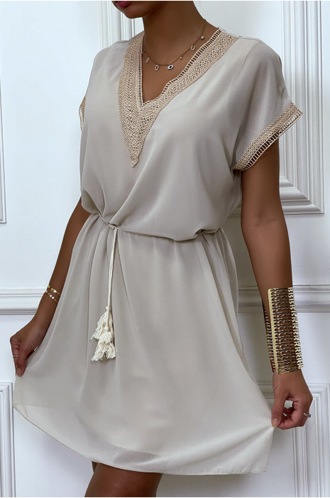 Robe tunique beige avec broderie et ceinture lacet beige - 4