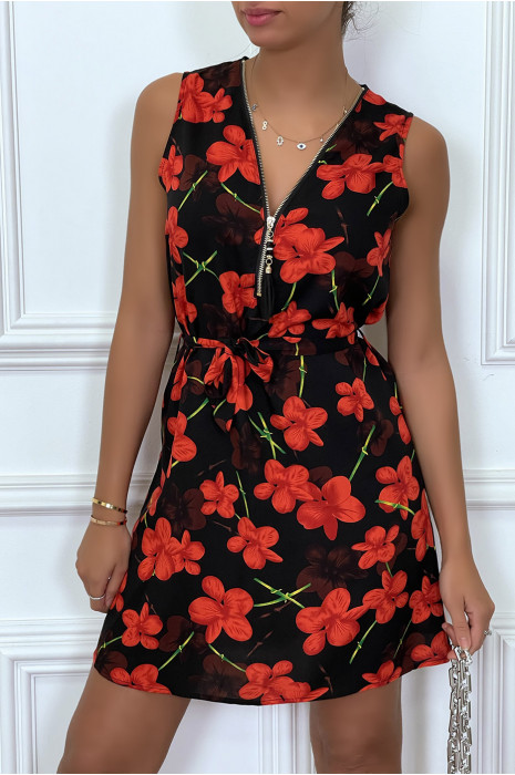 Robe rouge à encolure zippé et ceinture - 1