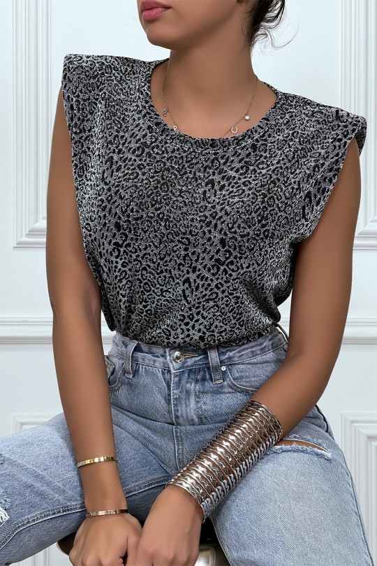 Bewijzen Machtig antenne Zilverkleurig t-shirt met epauletten en luipaardprint. Trendy dameskleding