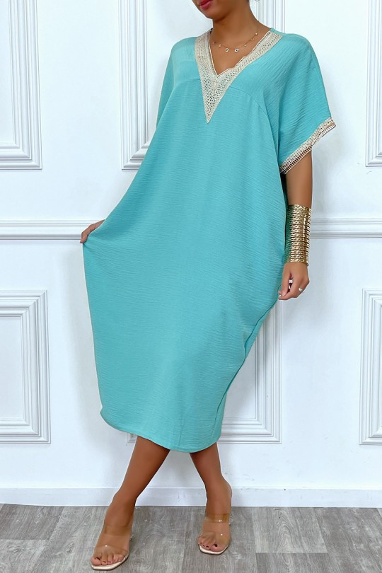 Longue robe tunique ample en turquoise avec dentelle au col et aux manches - 5