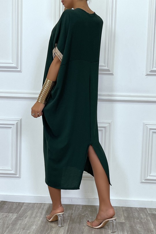 Longue robe tunique ample en vert foncé avec dentelle au col et aux manches - 1