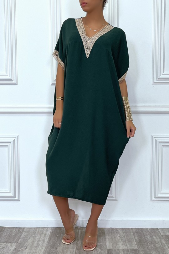 Longue robe tunique ample en vert foncé avec dentelle au col et aux manches - 3
