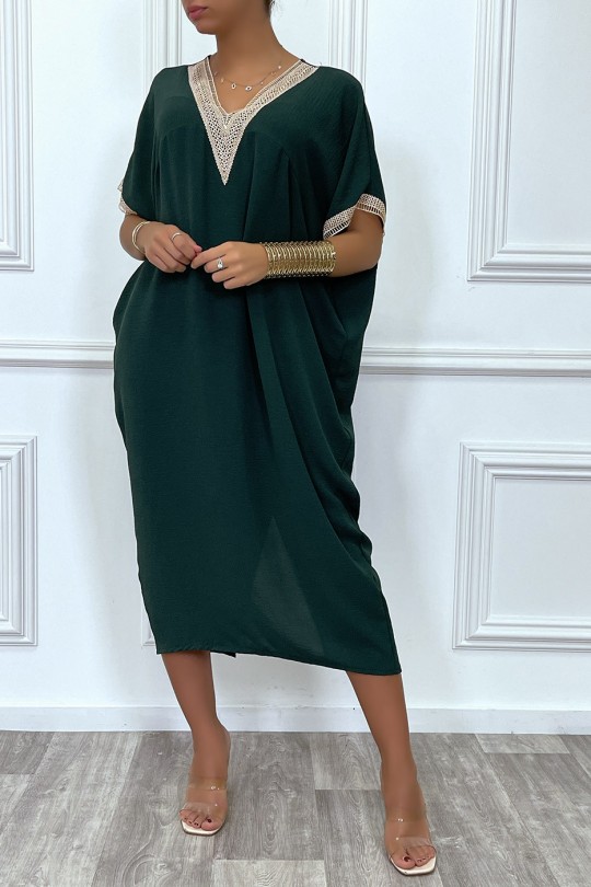 Longue robe tunique ample en vert foncé avec dentelle au col et aux manches - 4