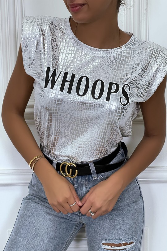 Shiny silver t-shirt with python print with shoulder pads and WHOOPS writing - 5