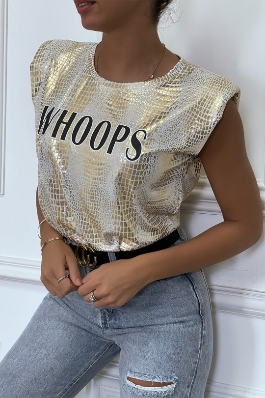 Golden white shiny python t-shirt with shoulder pads and WHOOPS writing - 3