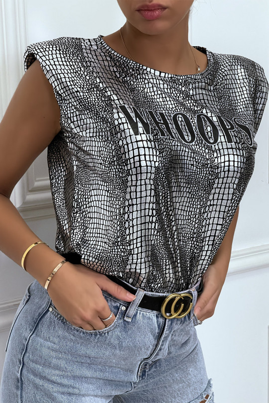 Glanzend zilver zwart t-shirt met python patroon met schoudervullingen en WHOOPS schrift - 2