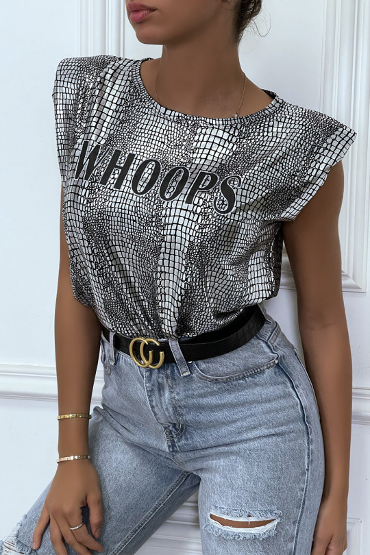 Shiny silver black t-shirt with python pattern with shoulder pads and WHOOPS writing - 3