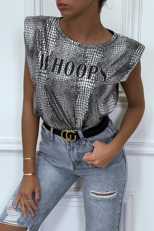 Shiny silver black t-shirt with python pattern with shoulder pads and WHOOPS writing - 4