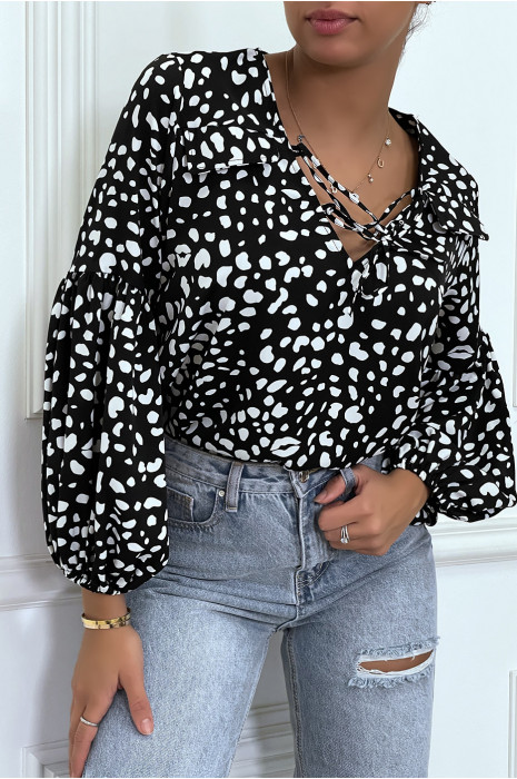 Blouse motif noir et blanc avec lacet et manches bouffante - 2