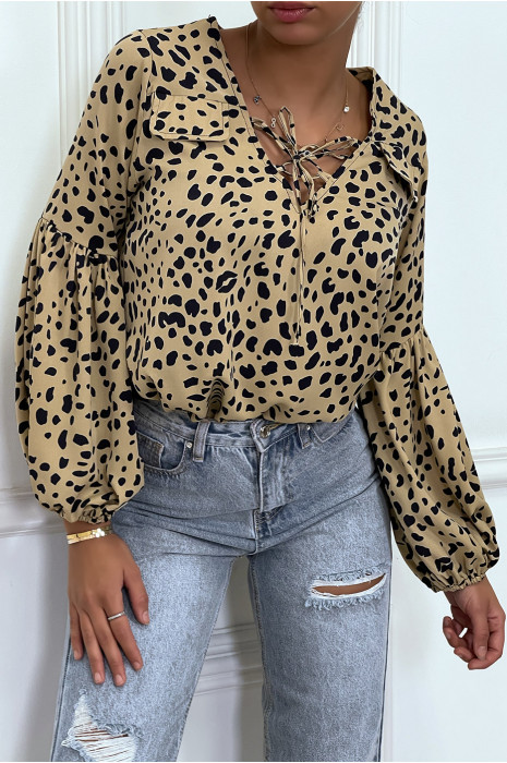 BlBBse motif camel et noir avec lacet et manches bouffante - 4