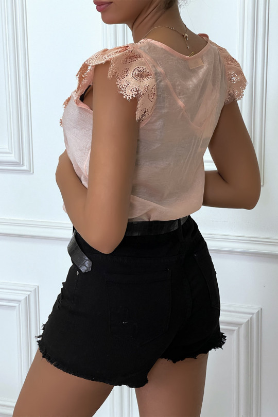 Pink top with lace on the front and ruffle on the shoulders - 1