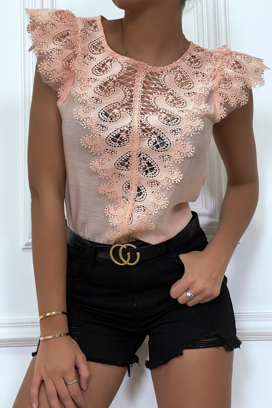 Pink top with lace on the front and ruffle on the shoulders - 5