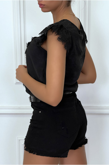 Black top with lace on the front and ruffle on the shoulders - 1