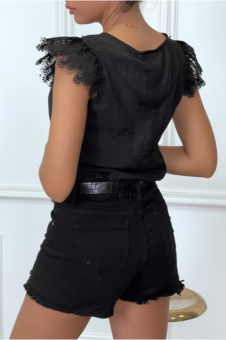 Black top with lace on the front and ruffle on the shoulders - 2