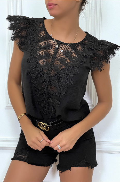 Black top with lace on the front and ruffle on the shoulders - 8