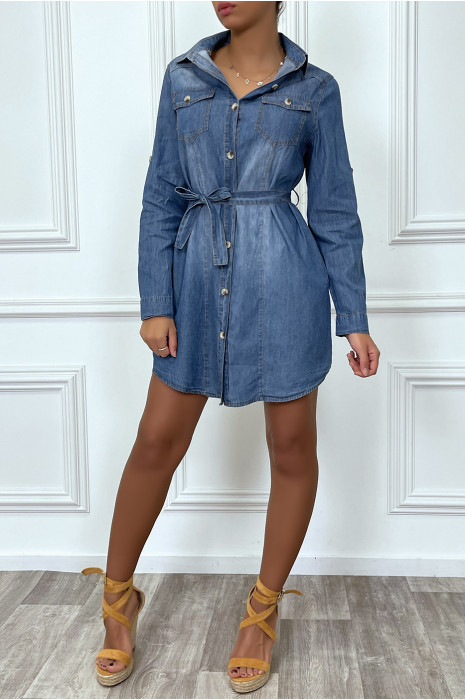 Robe chemise en jeans avec poches et ceinture - 3