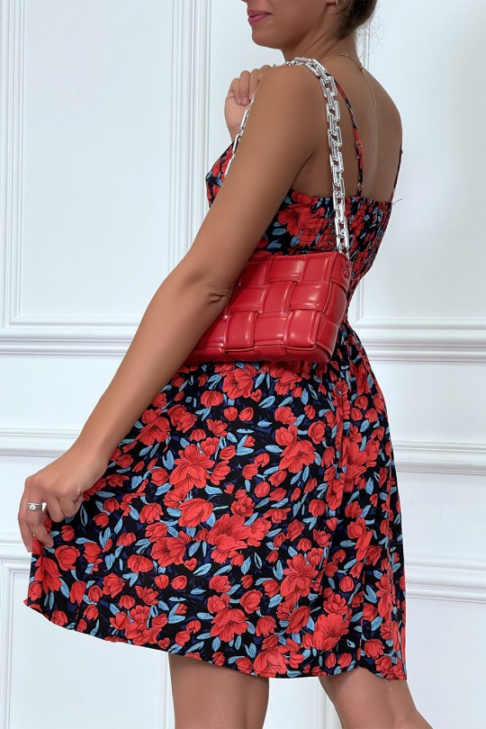 Red dress gathered at the waist with flower pattern - 1
