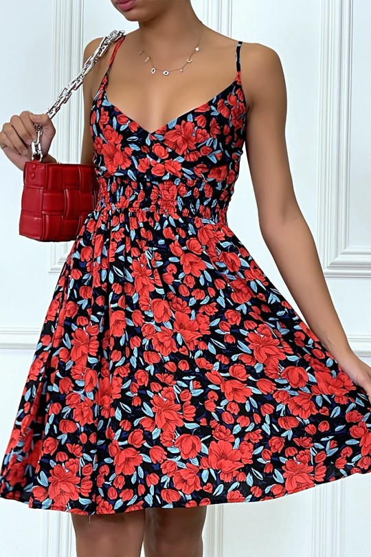 Red dress gathered at the waist with flower pattern - 4