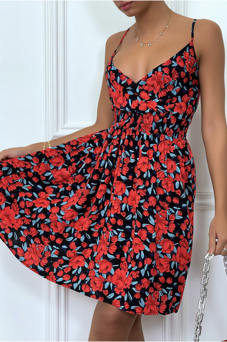 Red dress gathered at the waist with flower pattern - 6