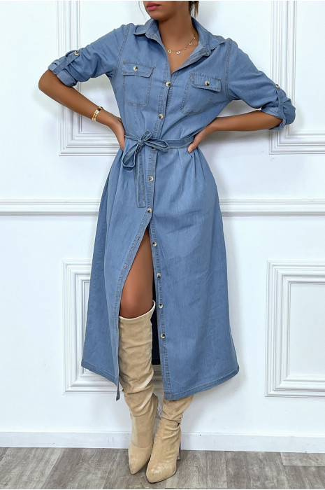 Robe chemise en jean bleu clair avec ceinture - 1