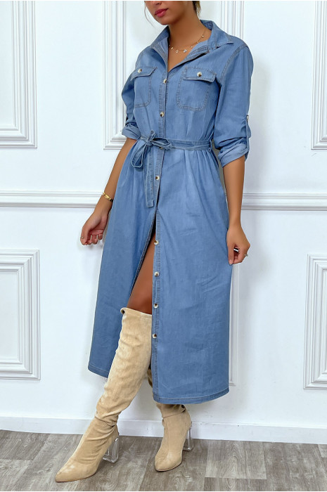 Robe chemise en jean bleu clair avec ceinture - 2