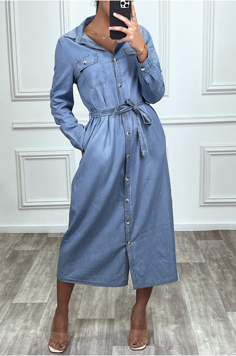 Robe chemise en jean bleu clair avec ceinture - 3