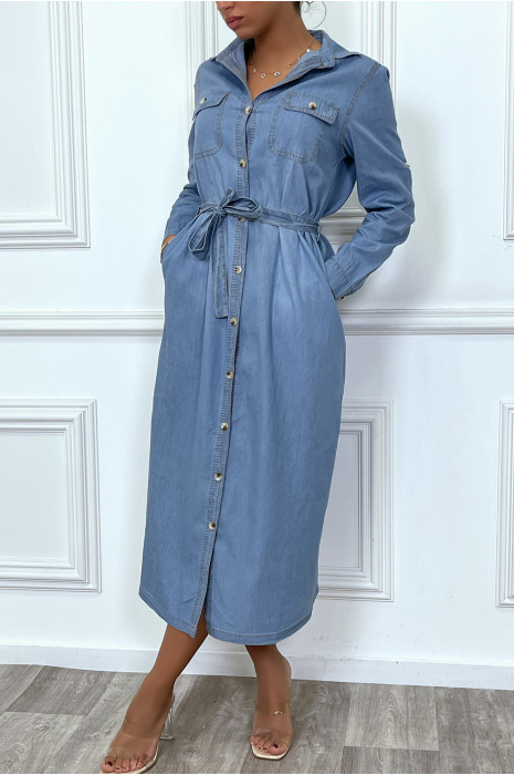 Robe chemise en jean bleu clair avec ceinture - 6