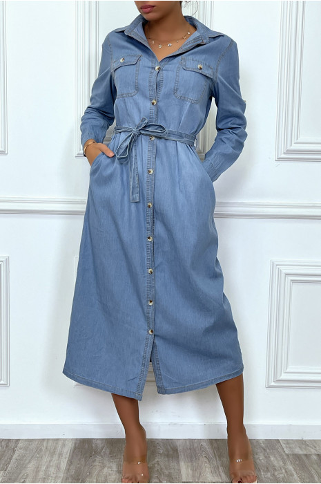 Robe chemise en jean bleu clair avec ceinture - 7