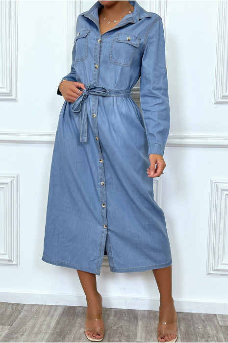 Robe chemise en jean bleu clair avec ceinture - 8