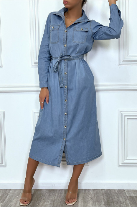 Robe chemise en jean bleu clair avec ceinture - 9