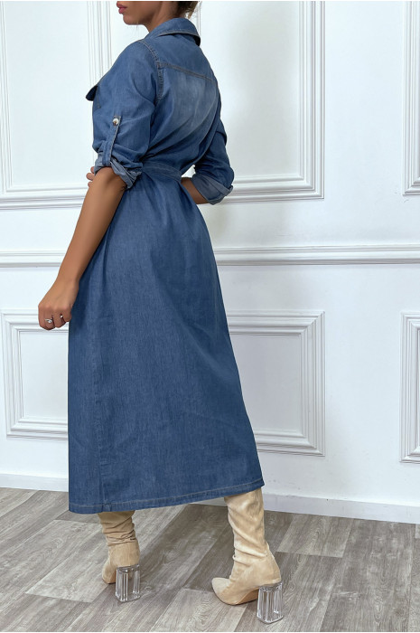 Robe chemise en jean bleu foncé avec ceinture - 1
