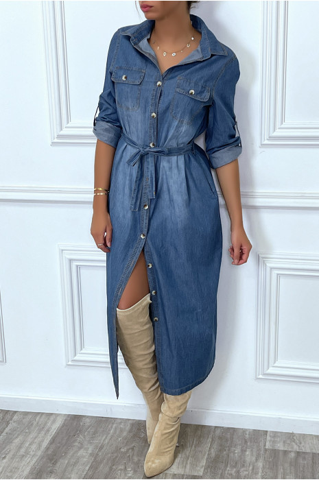 Robe chemise en jean bleu foncé avec ceinture - 2