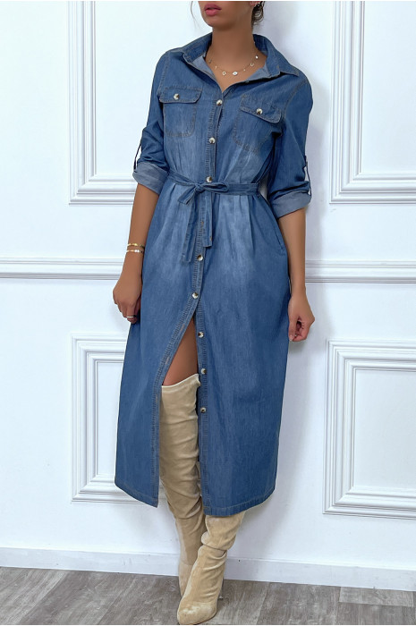 Robe chemise en jean bleu foncé avec ceinture - 3