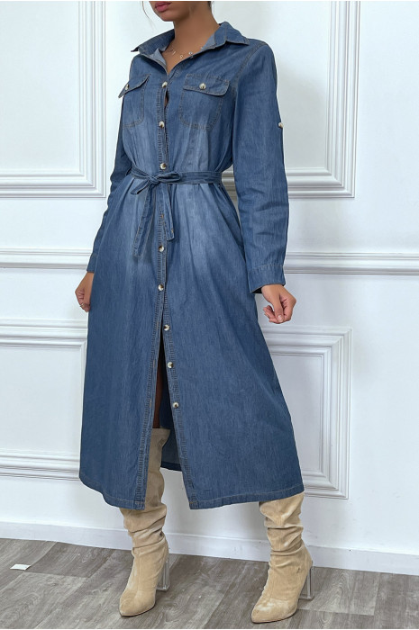 Robe chemise en jean bleu foncé avec ceinture - 5