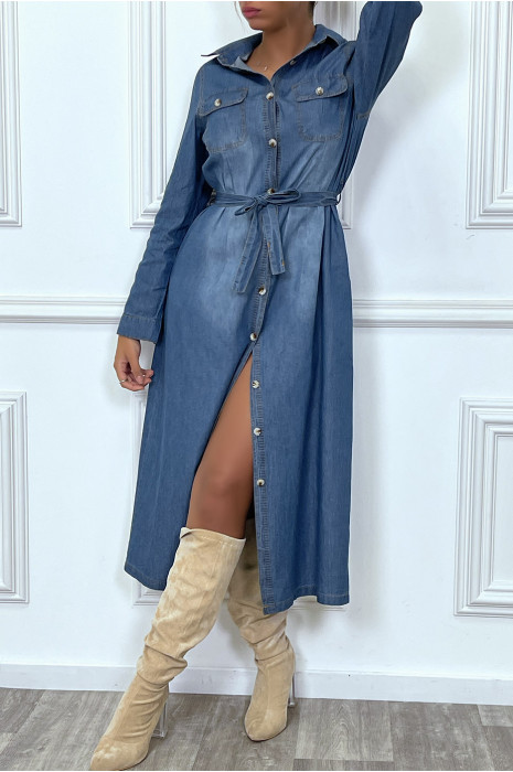 Robe chemise en jean bleu foncé avec ceinture - 7
