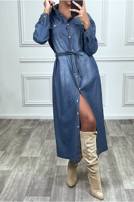 Robe chemise en jean bleu foncé avec ceinture - 8