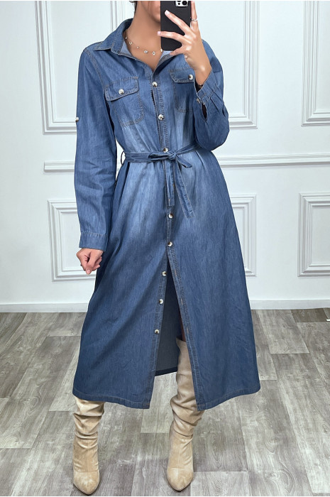 Robe chemise en jean bleu foncé avec ceinture - 9