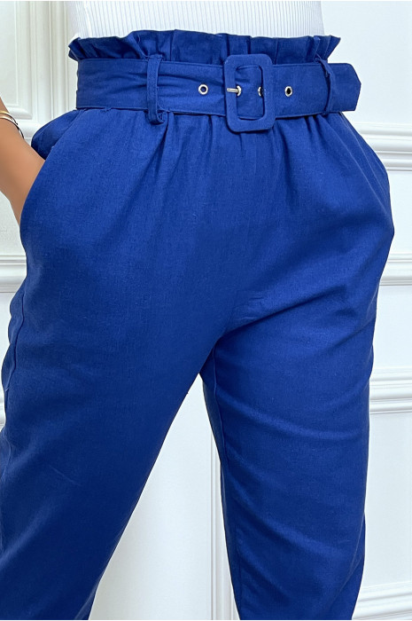 Pantalon tailleur bleu royal coupe droite avec ceinture - 1