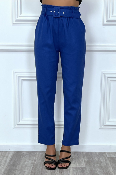 Pantalon tailleur bleu royal coupe droite avec ceinture - 7