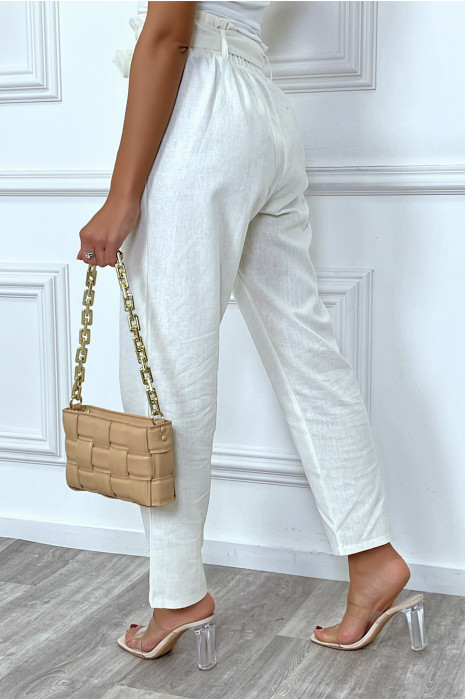 Pantalon tailleur blanc coupe droite avec ceinture - 1