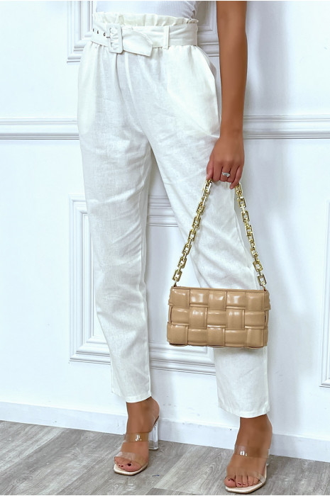 Pantalon tailleur blanc coupe droite avec ceinture - 2