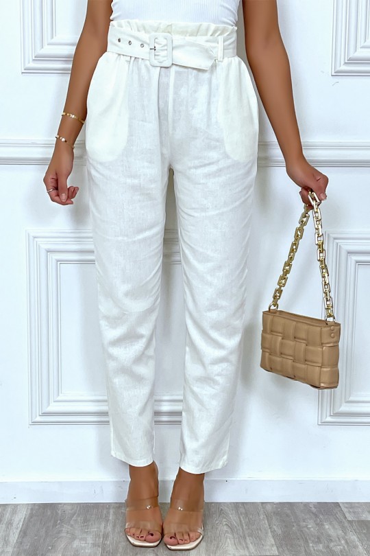 Pantalon tailleur blanc coupe droite avec ceinture - 3
