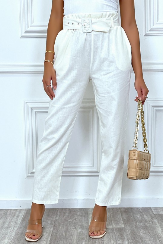Pantalon tailleur blanc coupe droite avec ceinture - 4