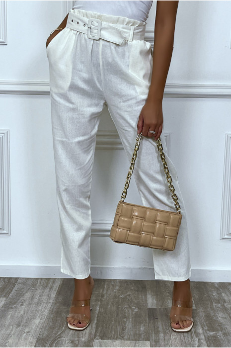 Pantalon tailleur blanc coupe droite avec ceinture - 5